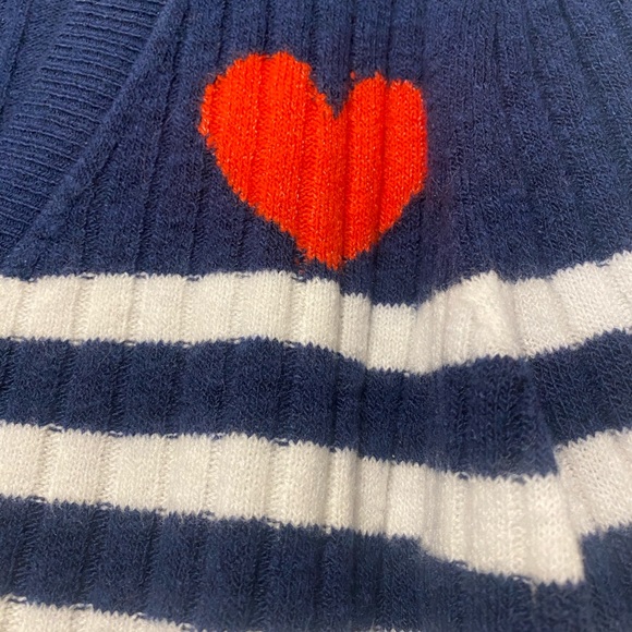 ANN TAYLOR LOFT NAVY STRIPED CARDIGAN WITH RED HEART DETAIL - Picture 2 of 3